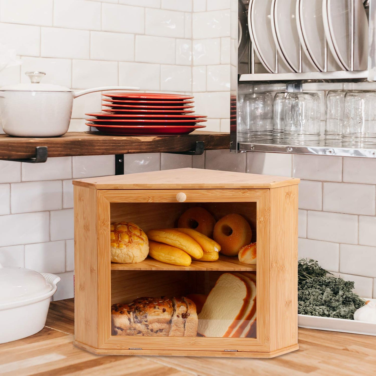 Leader Accessories Corner Bread Bin Bamboo Two-Layer Bread Box for Kitchen Corner fit 12.6"x12.6"x13.4"