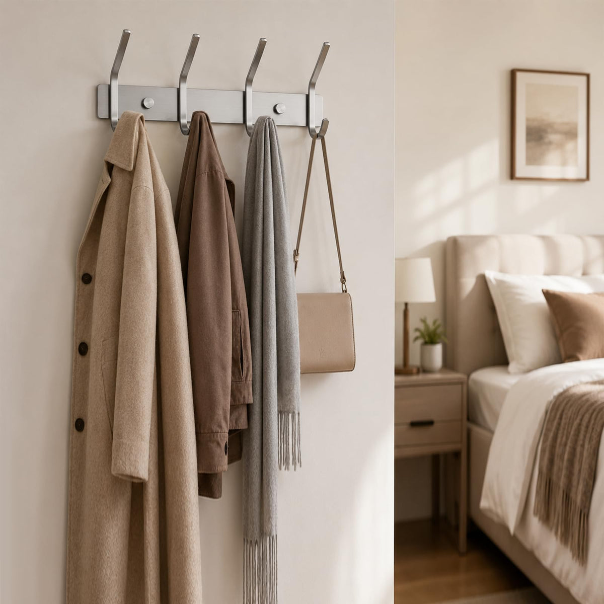TINIFO Coat Hooks Wall Mounted - Stainless Steel Coat Rack 4 Hook, Silver
