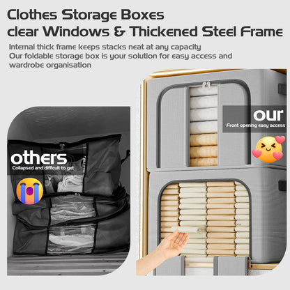 BOUDOI Storage Boxes Organiser,3 Pack Clothes Storage Boxes With Double Opening Zip Clear Window＆Steel Frame,Foldable＆Waterproof Wardrobe Fabric
