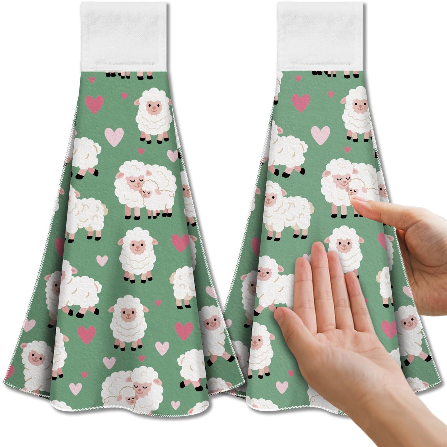CUTHOLLOW 2Pcs Sheep and Loving Heart Tea Towels for Kitchen with Loop, 31.5x43.5cm Soft Super Absorbent Microfiber Decorative Hanging Dish Towel,