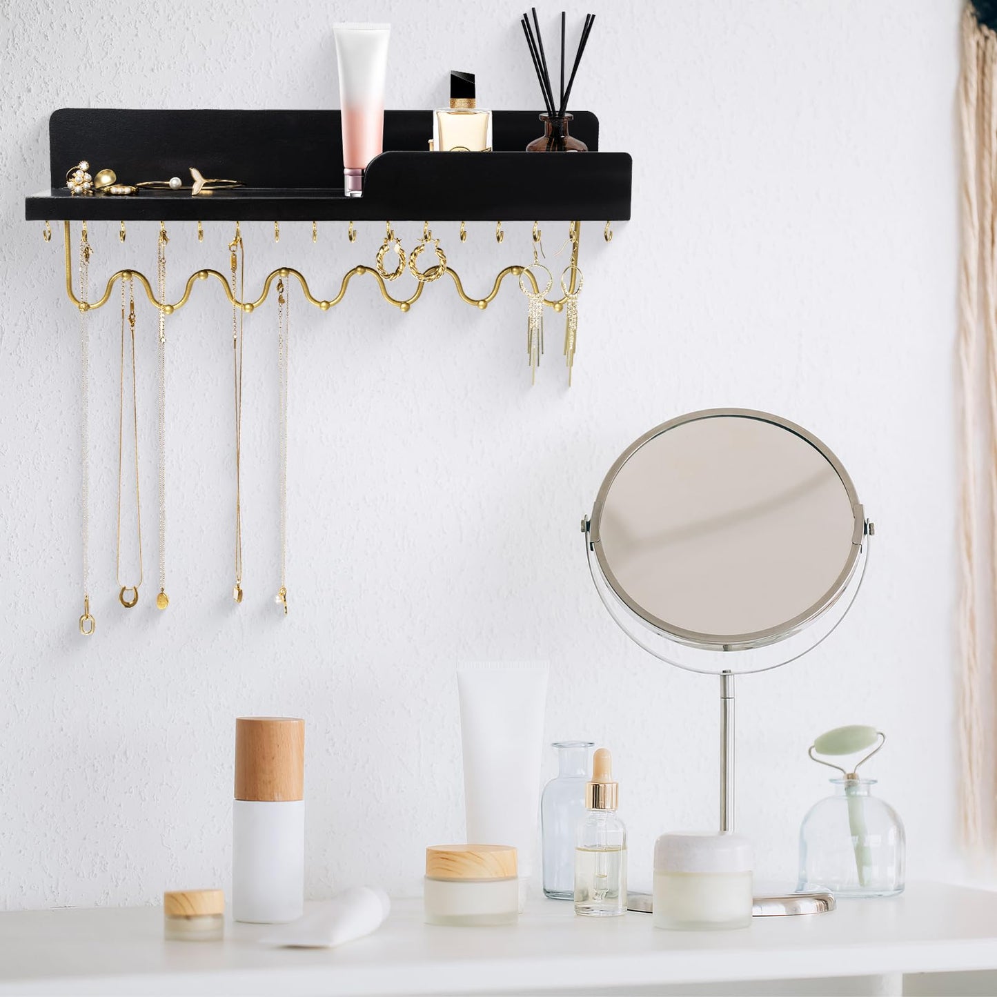 Lampaggio Hanging Jewelry Organizer with 29 Hooks and Cosmetics Shelf, Modern Wood Wall Mounted Jewelry Holder for Necklaces, Bracelets