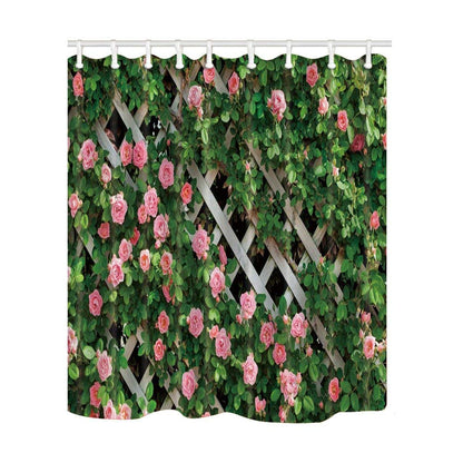 JOOCAR Garden Shower Curtain, Rustic Decor Rosemary Roses Flower on Fence, Waterproof Cloth Fabric Bathroom Decor Set with Hooks