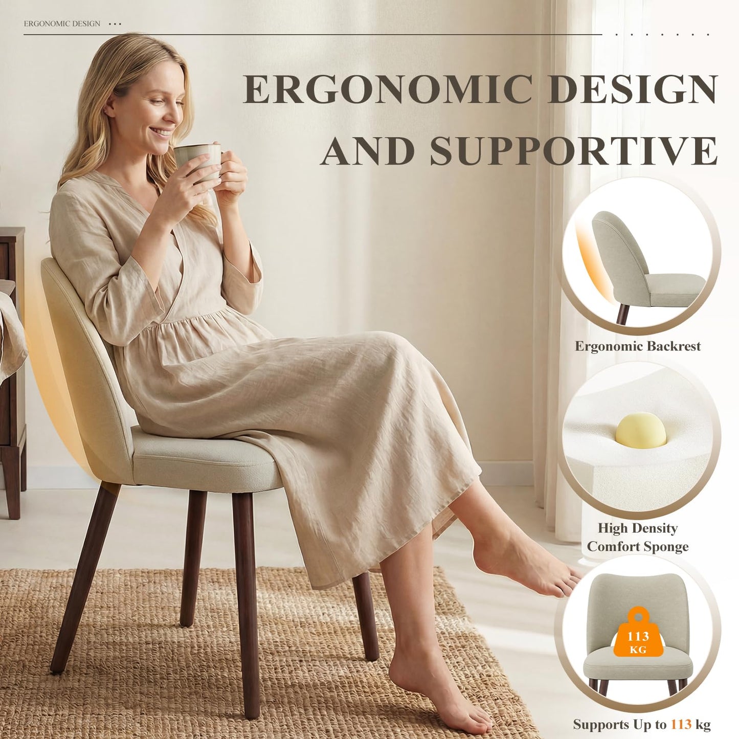 MALOL Upholstered Dining Chairs Set of 2, Fabric Chairs for Dining Room with Solid Wood Legs, Hollow Backrest and Thick Seat Cushion
