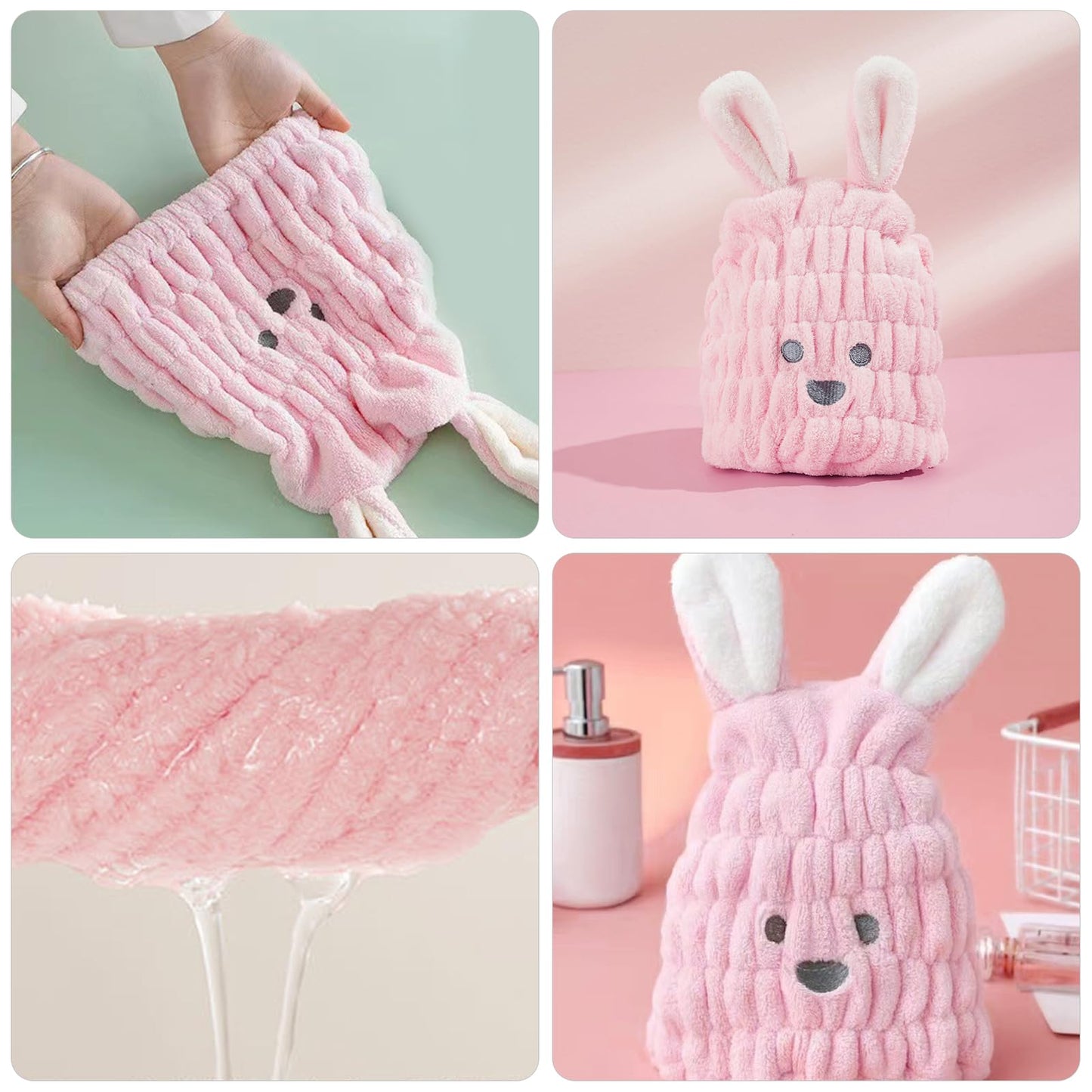2 Pcs Dry Hair Hat Hair Drying Towels for Women Microfiber Dry Hair Cap with Cute Rabbit Ears Quick Drying Bath Cap Cartoon Hair Turbans Twist Super