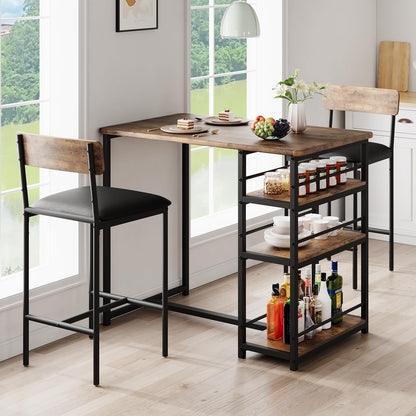 Crevyteg Compact 3-Piece Breakfast Bar Set for Small Spaces - Includes Storage Shelf Table & 2 High-Back PU Leather Stools