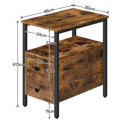 HOOBRO Narrow Side Table, Slim Bedside Table with 2 Drawers, Open Storage Shelf, Industrial Chair Side Lamp End Table for Small Space, Wood Bedroom