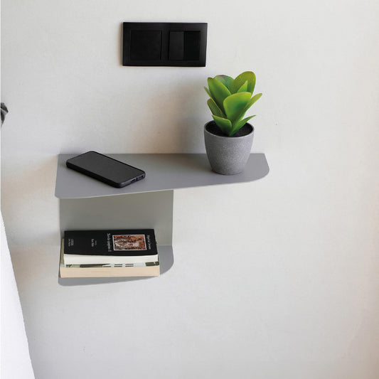 MILUKA Narrow Floating Bedside Tabless Set of 2 | Wall Mounted Nightstands in Grey Metal, 40x20 cm Two-Shelf Design | Small Console Table or Modern