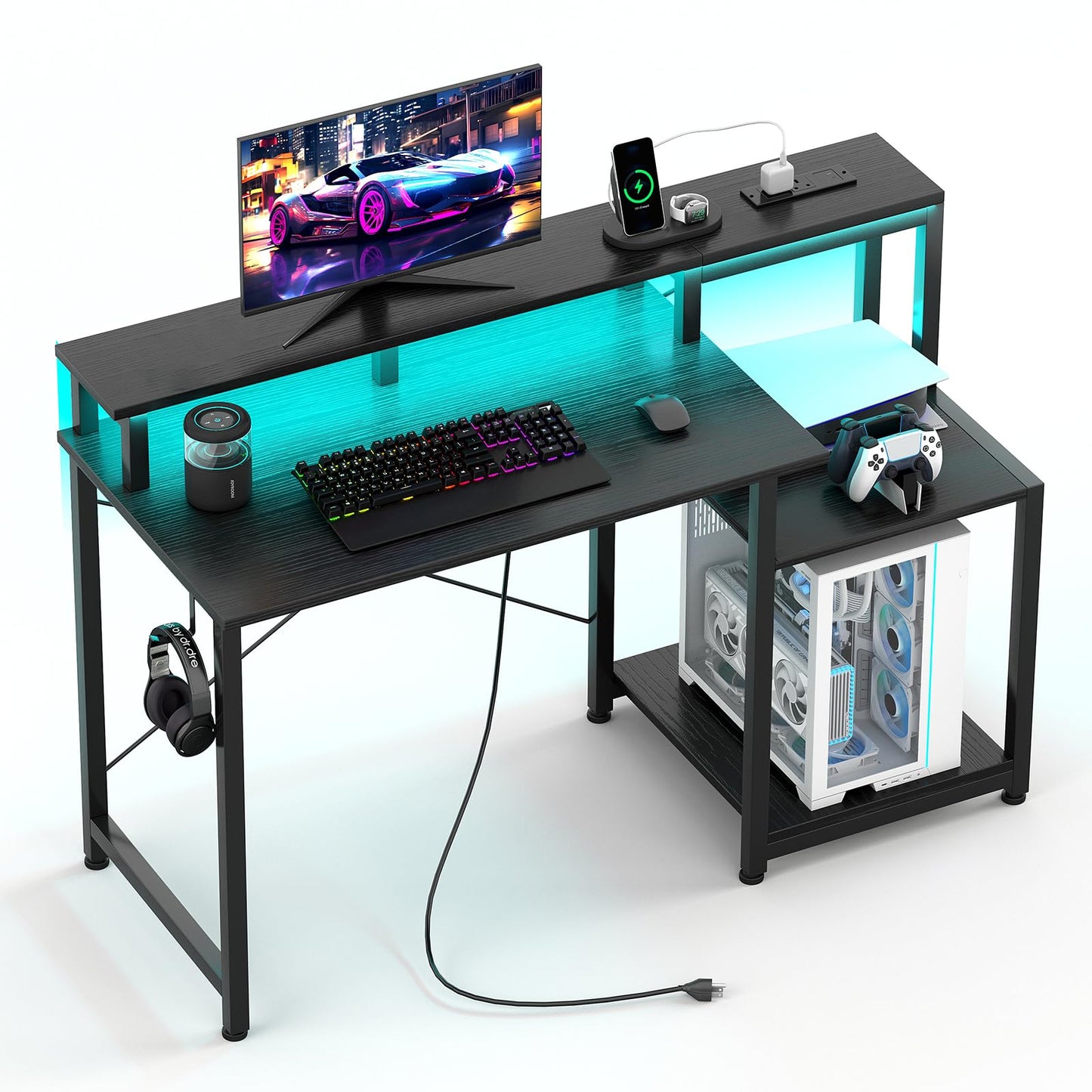 CAIYUH 48 Inch Gaming Desk, Computer Desk with Power Outlets & Adjustable LED, Teen Writing Study Table Home Office Desks for Small Space