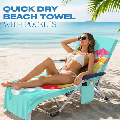 Surwin Sun Lounger Towel with Pockets, 3D Juice Print Quick Dry Beach Towel, Microfiber Sunbed Towels Travel Lounger Bag for Loungers Summer Holiday