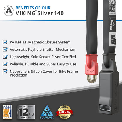 Seatylock Viking Bike Chain Lock with Key - Magnetic Patented Sold Secure Silver Rated - Heavy Duty Anti Theft - Smart Ultra Security Bicycle Lock