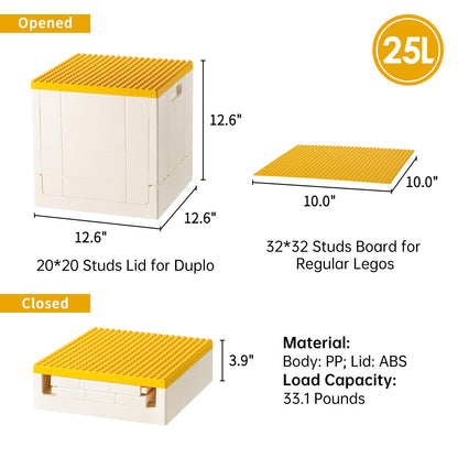 SHIMOYAMA Collapsible Storage Box with Baseplate Lid for Duplo, 25L Stackable Bin with Separate Building Board for Lego