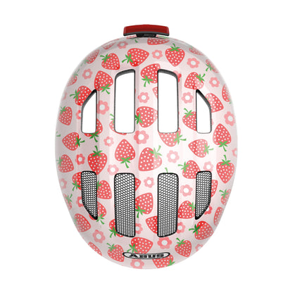 ABUS children's helmet Smiley 3.0 LED - bike helmet with light - deep fit and space for a pigtail - for girls and boys - pink with strawberry pattern,
