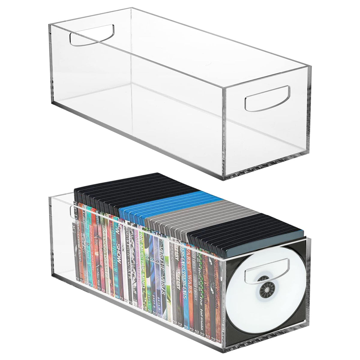 Frcctre 2 Pack Acrylic DVD/CD Storage Box, Clear DVD Holder Case with Handles Holds 27 pcs, Stackable Storage Container Shelf Organizer Bin for CDs