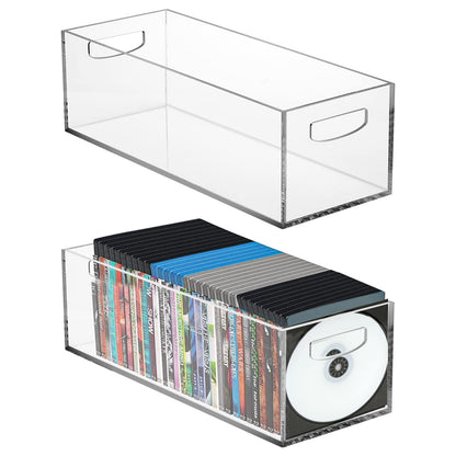Frcctre 2 Pack Acrylic DVD/CD Storage Box, Clear DVD Holder Case with Handles Holds 27 pcs, Stackable Storage Container Shelf Organizer Bin for CDs