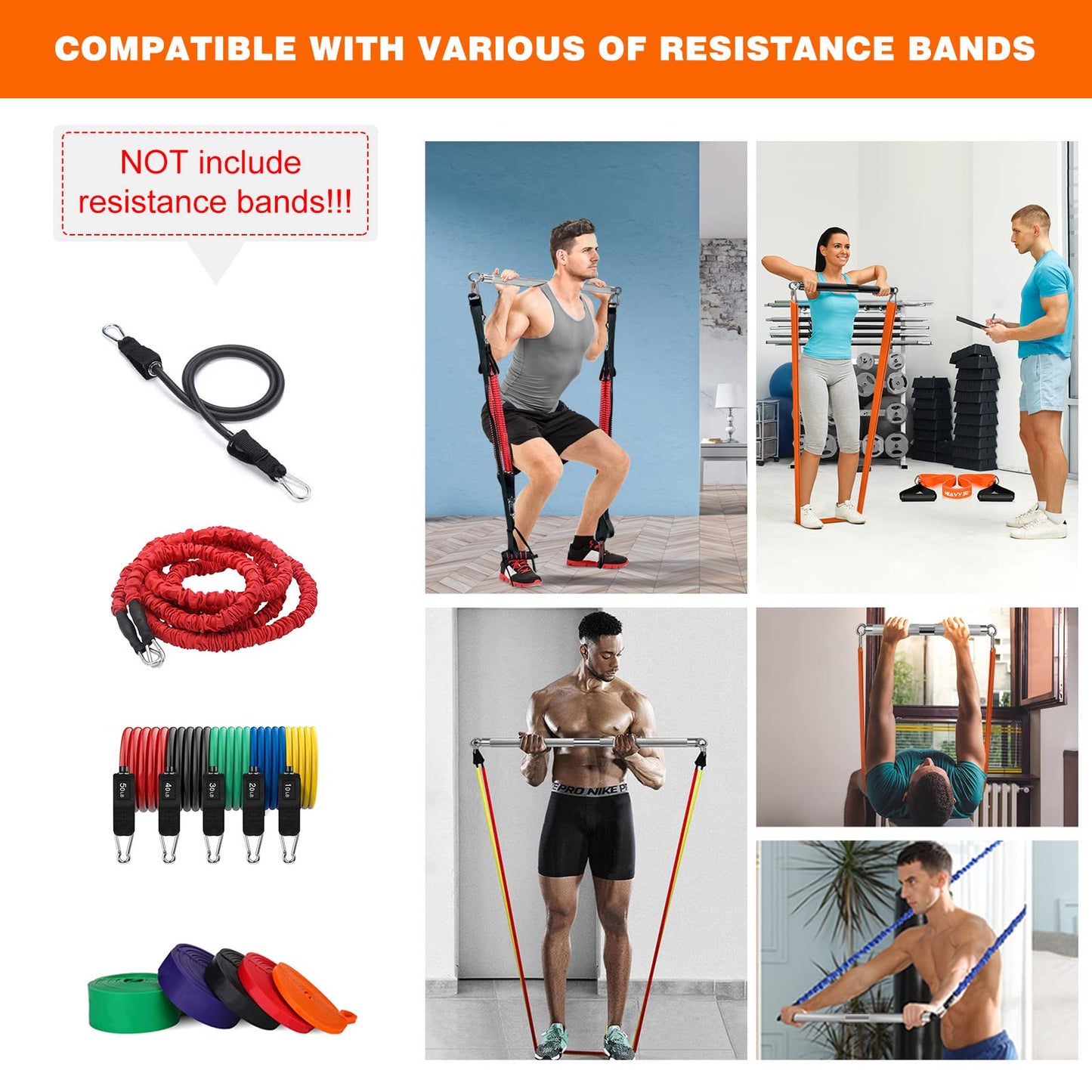 DASKING Resistance Bands Bar, Portable Fitness Workout Bars with Triangle Hooks, Detachable Stick x3 to 98cm/68cm Exercise Bar for Pilates, Yoga,