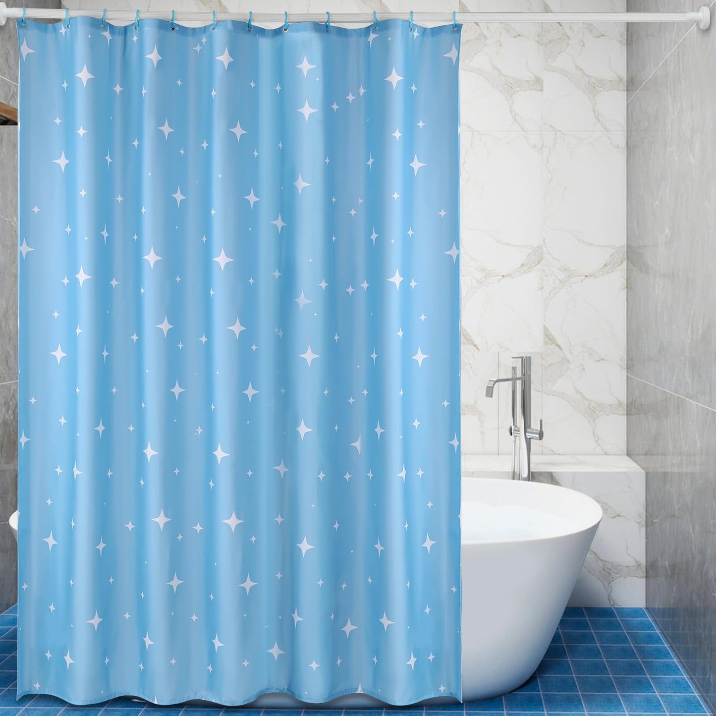Lkw Ogechi Shower Curtain Blue with Weighted Hem 200x240 cm Star, Polyester Machine Washable Weighted Shower Curtain, Waterproof Anti-mould Wetroom