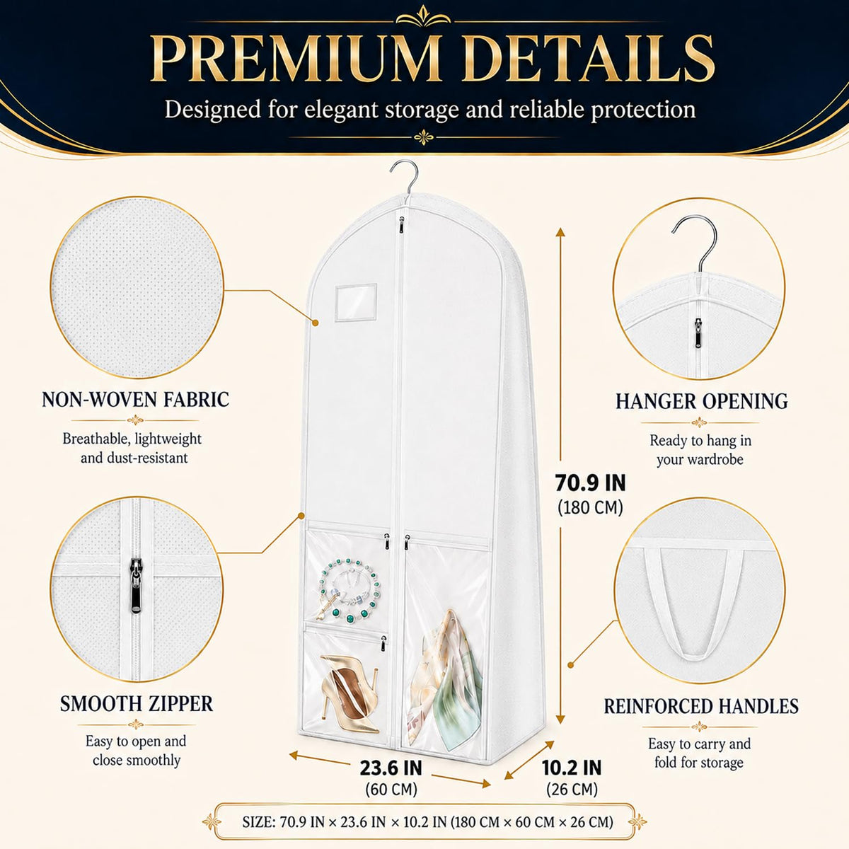 Wedding Dress Bag Covers, URMI Heavy Duty 180 x 60 x 26cm Bridal Gown Cover with 3 Clear PVC Pockets, Long Garment Bag with Handles for Wedding Gown