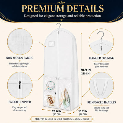 Wedding Dress Bag Covers, URMI Heavy Duty 180 x 60 x 26cm Bridal Gown Cover with 3 Clear PVC Pockets, Long Garment Bag with Handles for Wedding Gown