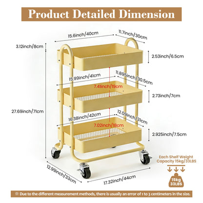 Mordchil EU 3 Tier Metal Utility Cart with Lockable Wheels for Storage, Rolling Utility Trolley Storage Cart for Home & Office, Khaki