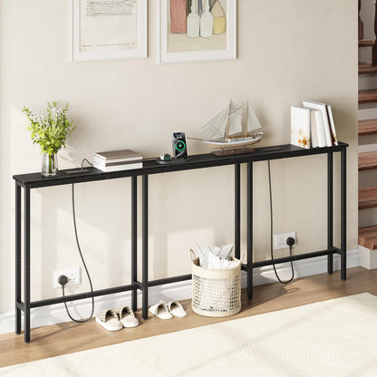HOOBRO 200 cm Slim Console Table with 2 Charging Stations, Narrow Behind Sofa Table, Long Hallway Table with Adjustable Feet, for Hallway