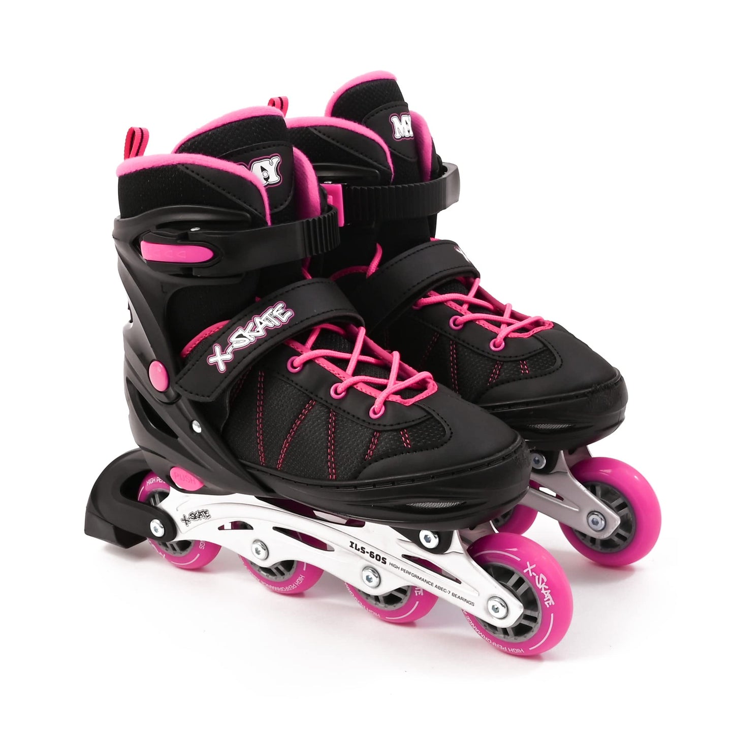 M.Y X-Skate Adjustable Pink Inline Roller Skates with Built In Adjusters Kids Roller Boots for Boys & Girls - Large