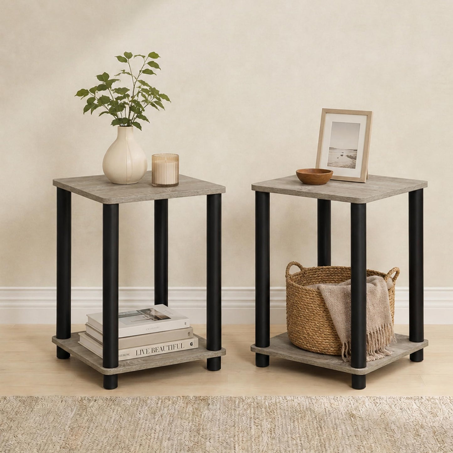 Furinno Turn-N-Tube Toolless Assembly Side Table Set of 2, Stackable 2-Tier Grey End Table with Open Shelf, Night Stand, Bedside Table