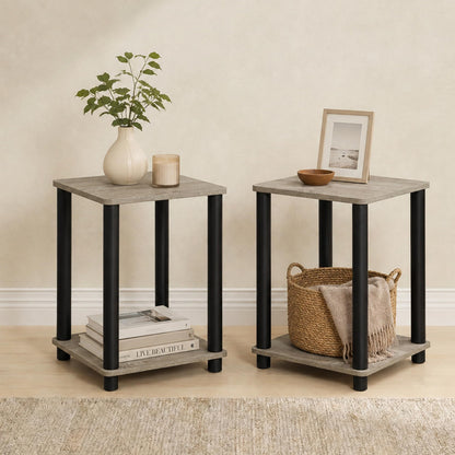 Furinno Turn-N-Tube Toolless Assembly Side Table Set of 2, Stackable 2-Tier Grey End Table with Open Shelf, Night Stand, Bedside Table