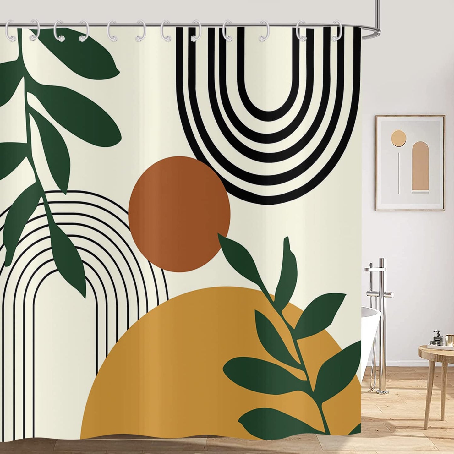 Hnmdmyi Boho Shower Curtain 180x200, Mid Century Abstract Arch Sun Green Leaf Beige Bathroom Curtains Modern Minimalist Aesthetic Art Waterproof