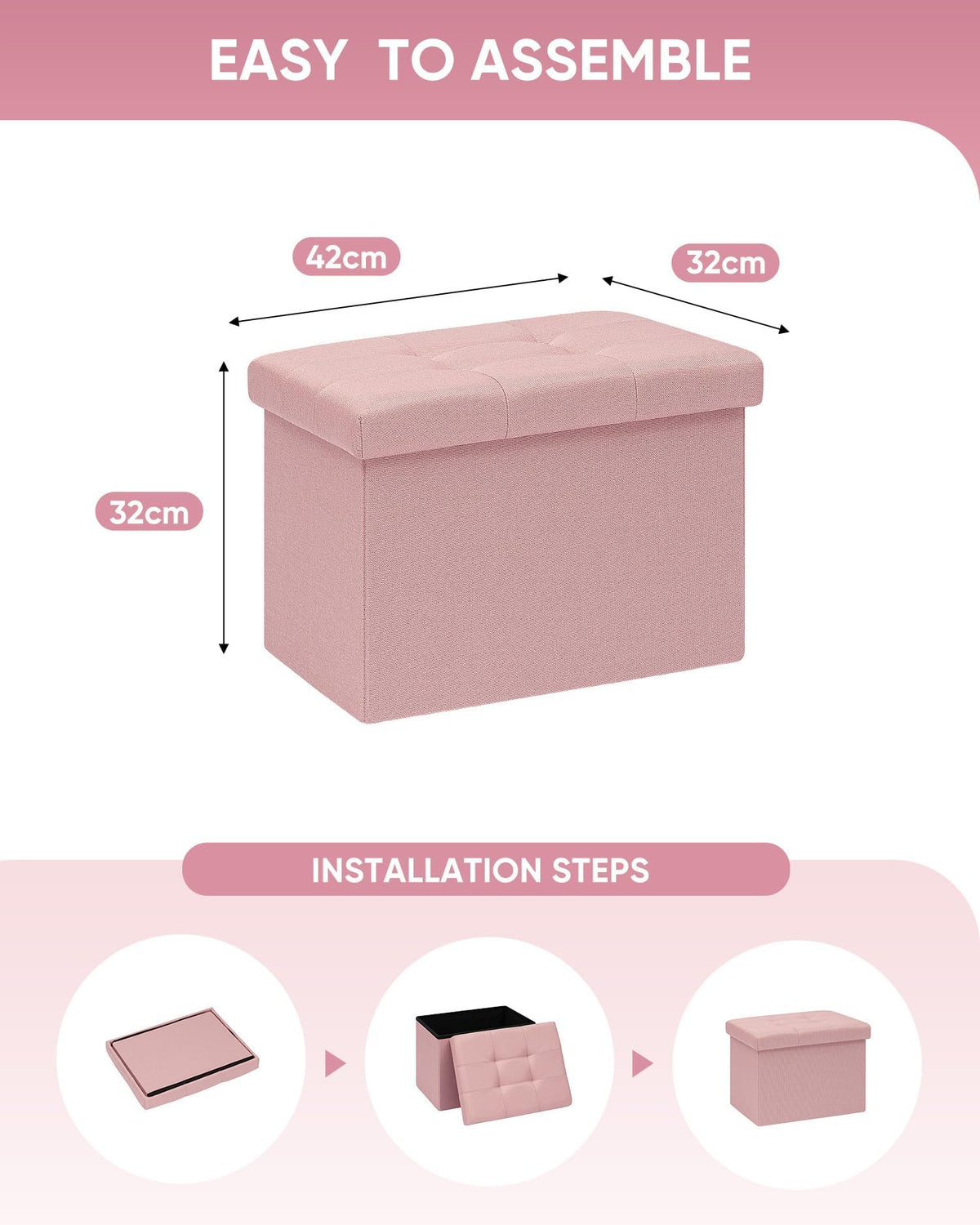 Bonlife Storage Ottoman, Folding Small Foot Rest,Toy Chest Storage Footrest Seat, Footstool for Living Room, Bedroom, Dorm, Fabric,Pink,42x32x32cm