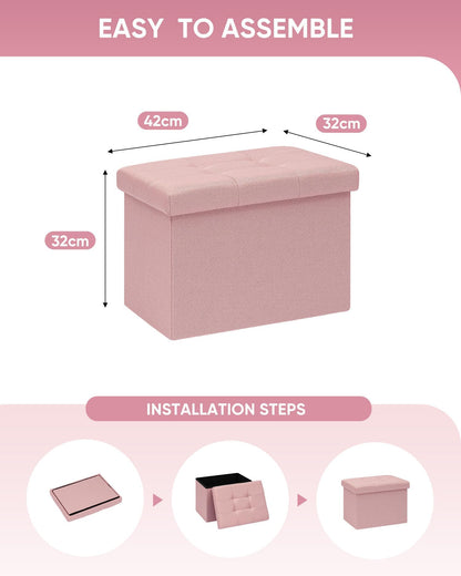 Bonlife Storage Ottoman, Folding Small Foot Rest,Toy Chest Storage Footrest Seat, Footstool for Living Room, Bedroom, Dorm, Fabric,Pink,42x32x32cm