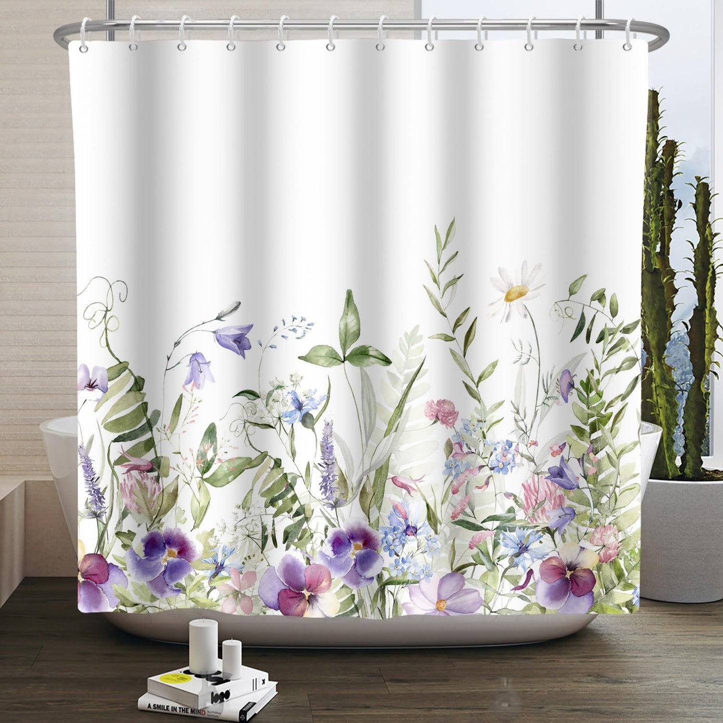 Kzzfqxb 183x213cm White Background Floral Shower Curtains with Plastic Hooks, Botanical Herbs Purple Flowers Daisy Waterproof Occluded for Bath,