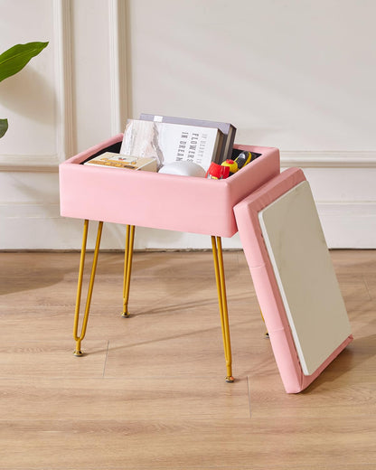 IBUYKE Multifunctional Storage Vanity Stool with Flip Tabletop, Adjustable Metal Legs & PU Leather - 40x30x48cm Ottoman Footrest for Makeup, Living