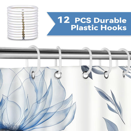 Hopomoon Blue and Grey Boho Watercolor Floral Shower Curtain, Ink Painting Style Waterproof Polyester Bath Curtain with 12 Hooks,Spring Summer