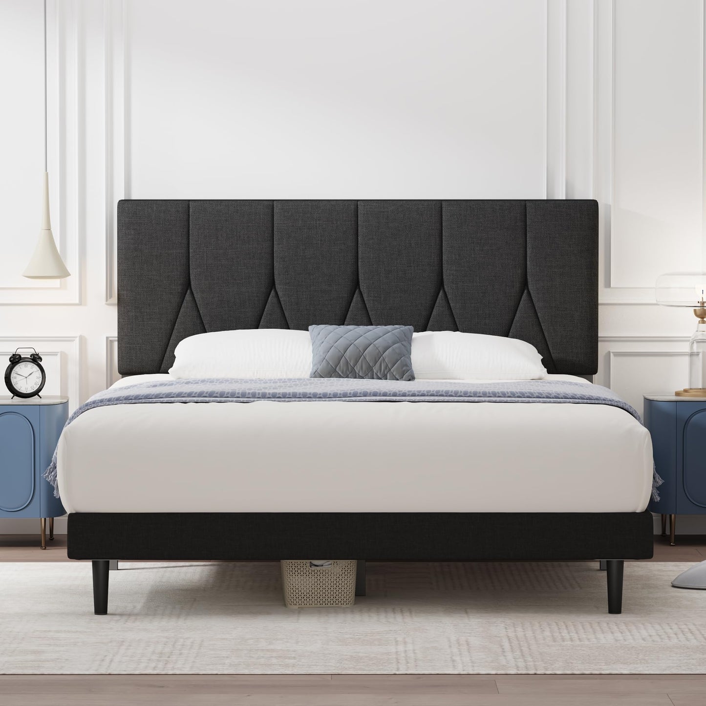 Yocreat King Bed Frame, Black, Upholstered Wooden Slat Bed Frame with Headboard, Easy Assembly, Underbed Storage, No Box Spring Needed 150?200