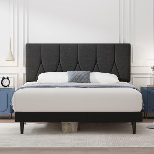 Yocreat King Bed Frame, Black, Upholstered Wooden Slat Bed Frame with Headboard, Easy Assembly, Underbed Storage, No Box Spring Needed 150?200