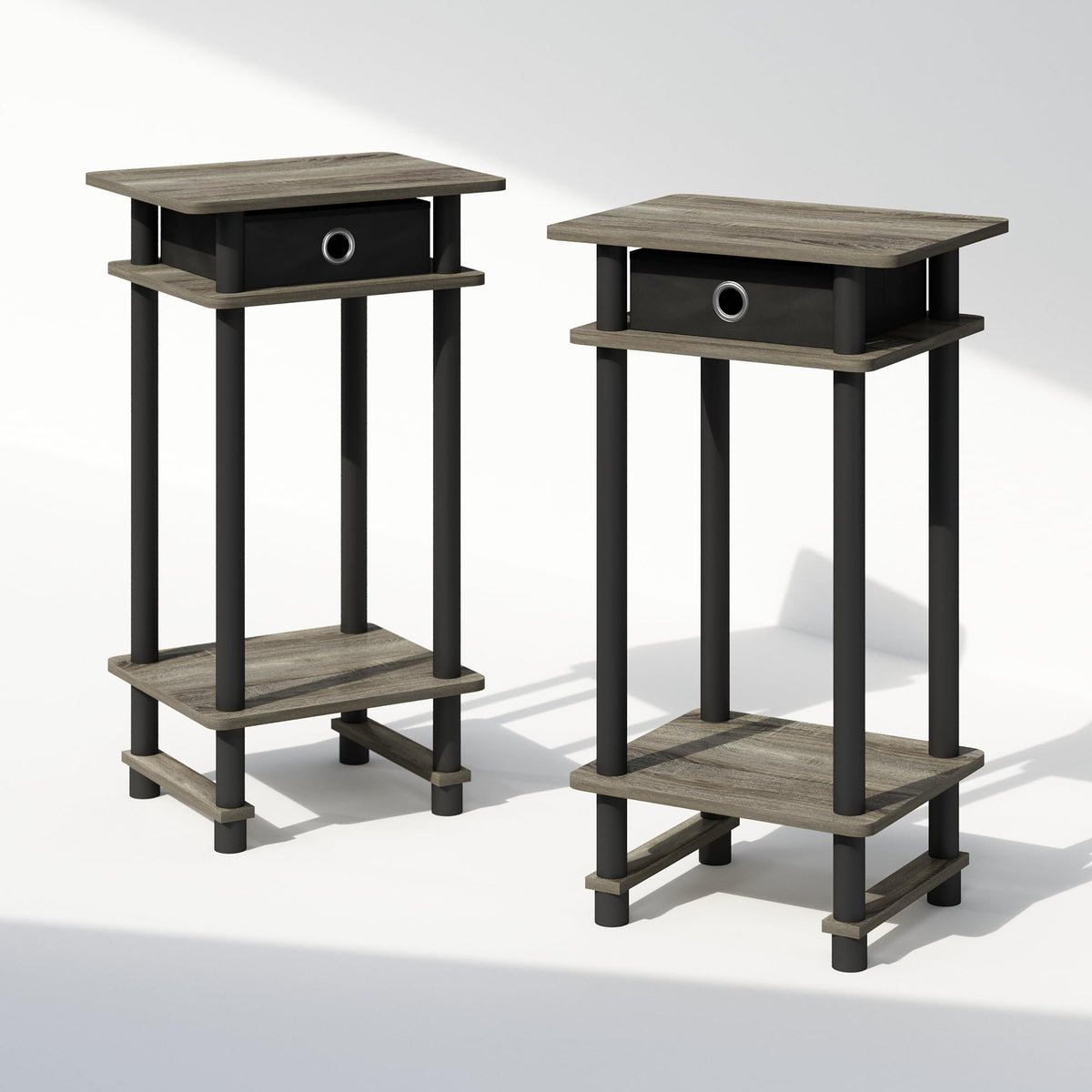Furinno TURN-N-TUBE Night Stand Set of 2, 3-Tier Open Shelf Design Nightstand with Storage Bin, Tall Bedside Table, End Table, Side Table