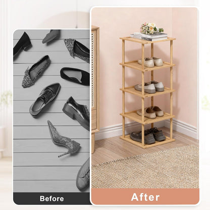 Aniston Bamboo Shoe Rack 5 Tier, Vertical Shoe Rack for Small Spaces, Free Standing Tall Narrow Shoe Organizer for Garage, Closet, Doorway, Corner