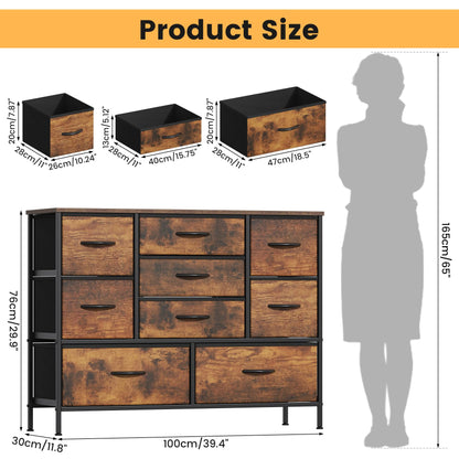 Feonase Chest of Drawers,Bedroom Dresser with 9 Fabric Drawers, Metal Frame & MDF Wood Top, Adjustable Feet, Storage Organizer Unit for Bedroom
