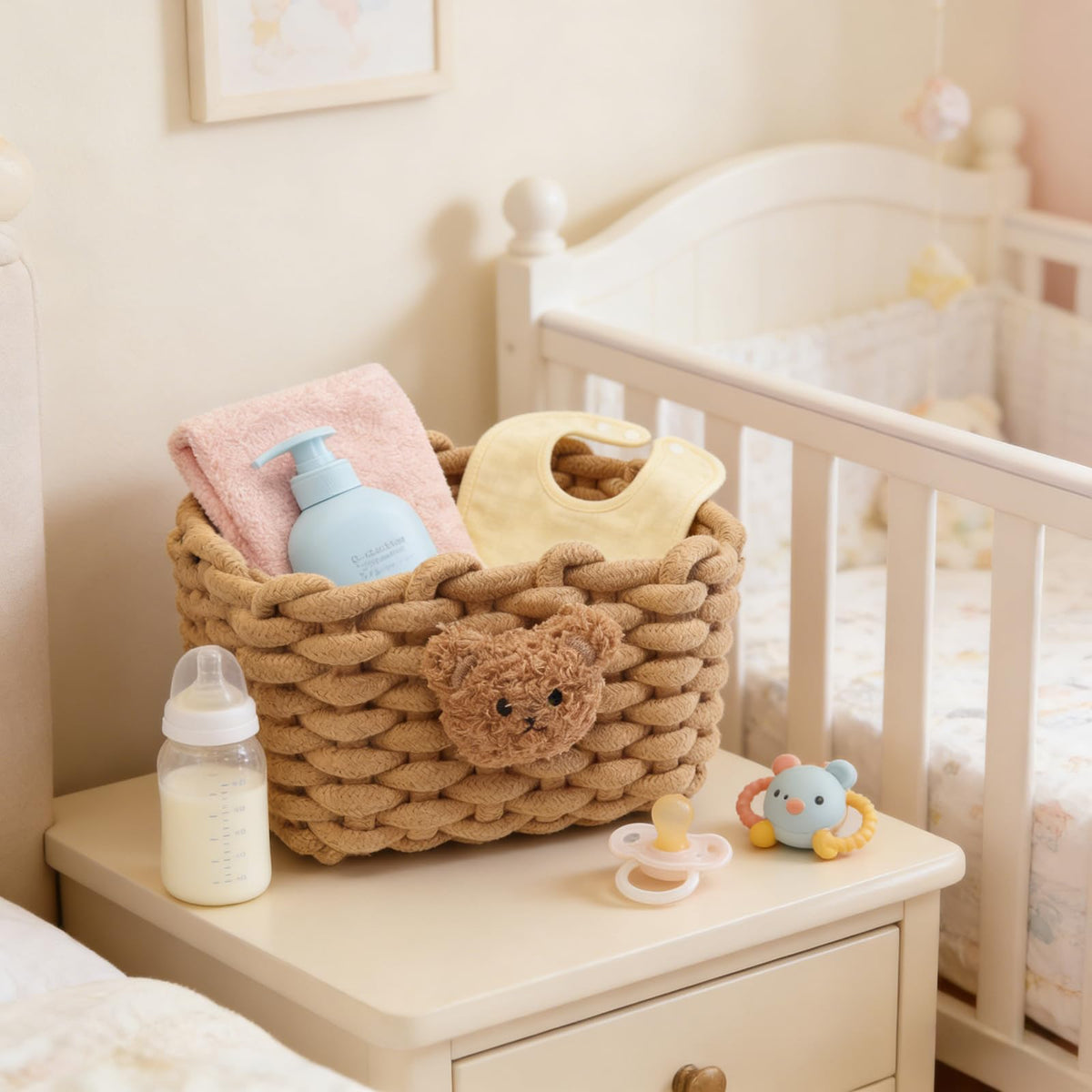 Woven Cotton Wicker Storage Basket with Bear Motif, White - Bathroom Organizer for Desk, Makeup Table, Cabinets, Bath, Kitchen (Brown)
