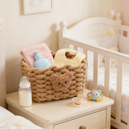 Woven Cotton Wicker Storage Basket with Bear Motif, White - Bathroom Organizer for Desk, Makeup Table, Cabinets, Bath, Kitchen (Brown)