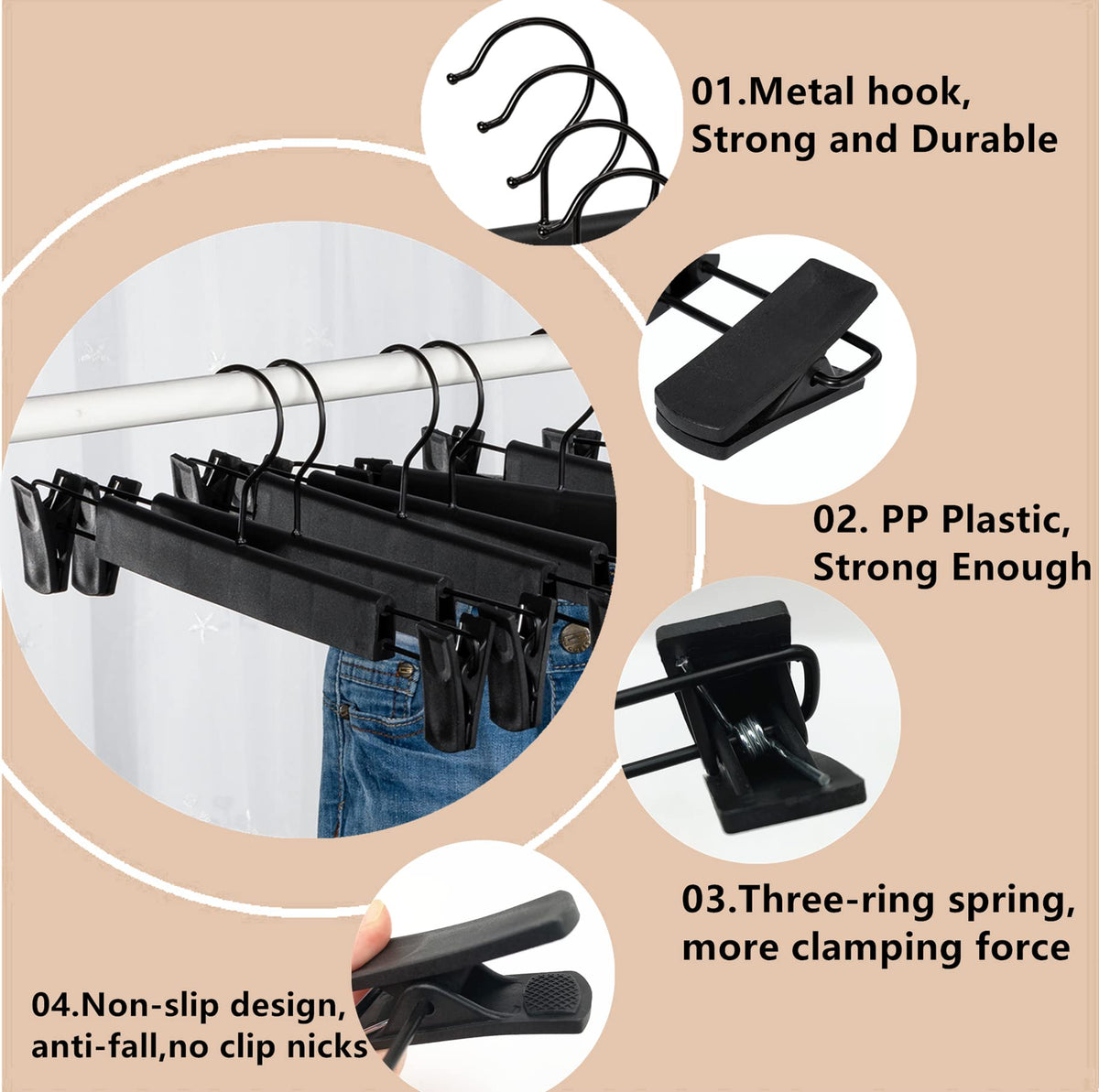 Lamitocs Pack of 10 Clothes Hangers with Strong Non-Slip Adjustable Clips Hooks, Space-Saving Trouser Hangers for Hanging Trousers, Socks, Skirts