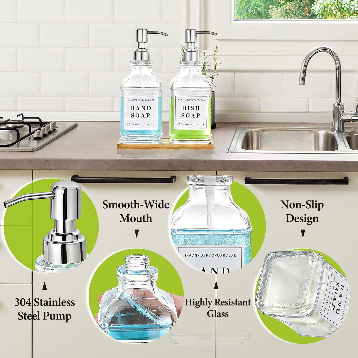 Pollock 2 Pcs 500ml Glass Soap Dispenser with 304 Stainless Steel Pump, Rustproof, Hand and Dish Soap Dispenser, with Labels and Tray, for Bathroom