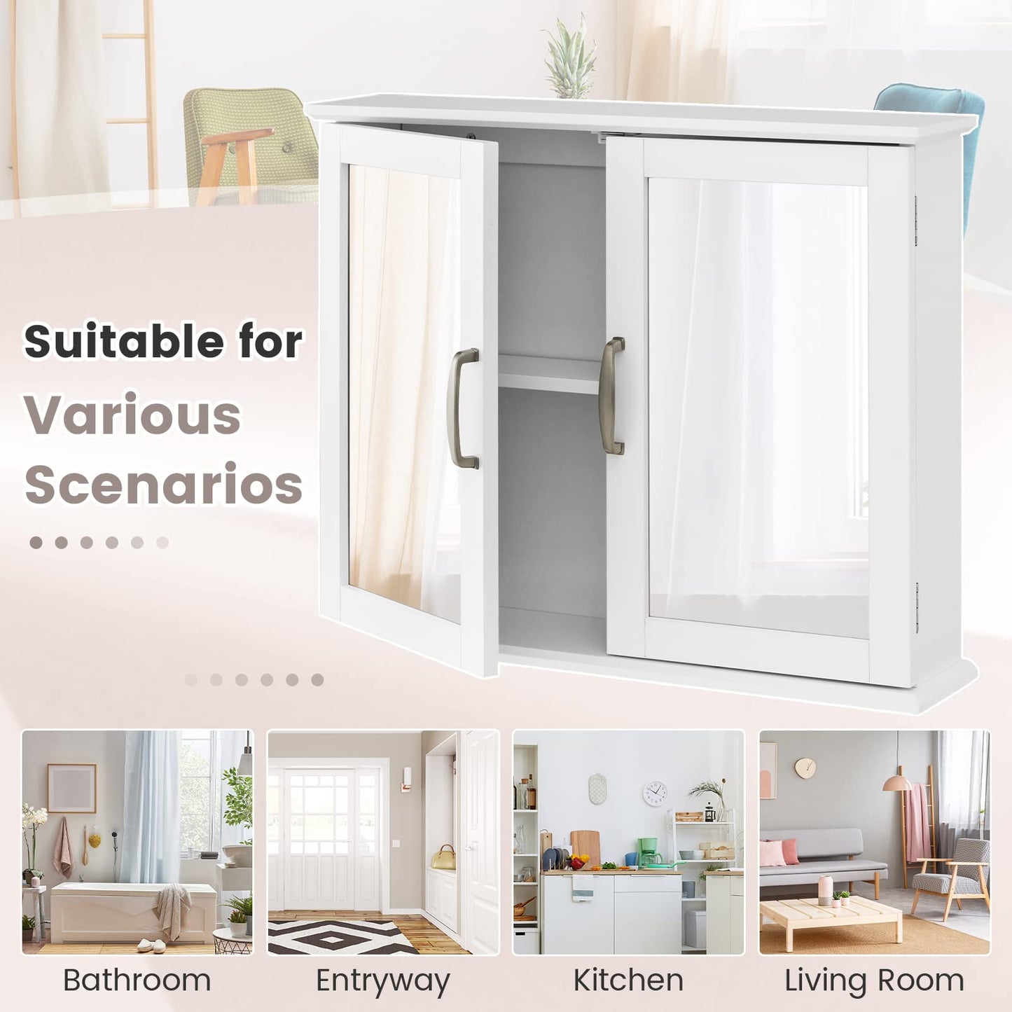 RELAX4LIFE Bathroom Wall Cabinet, Double Door Mirrored Storage Cupboard with Inner Shelf