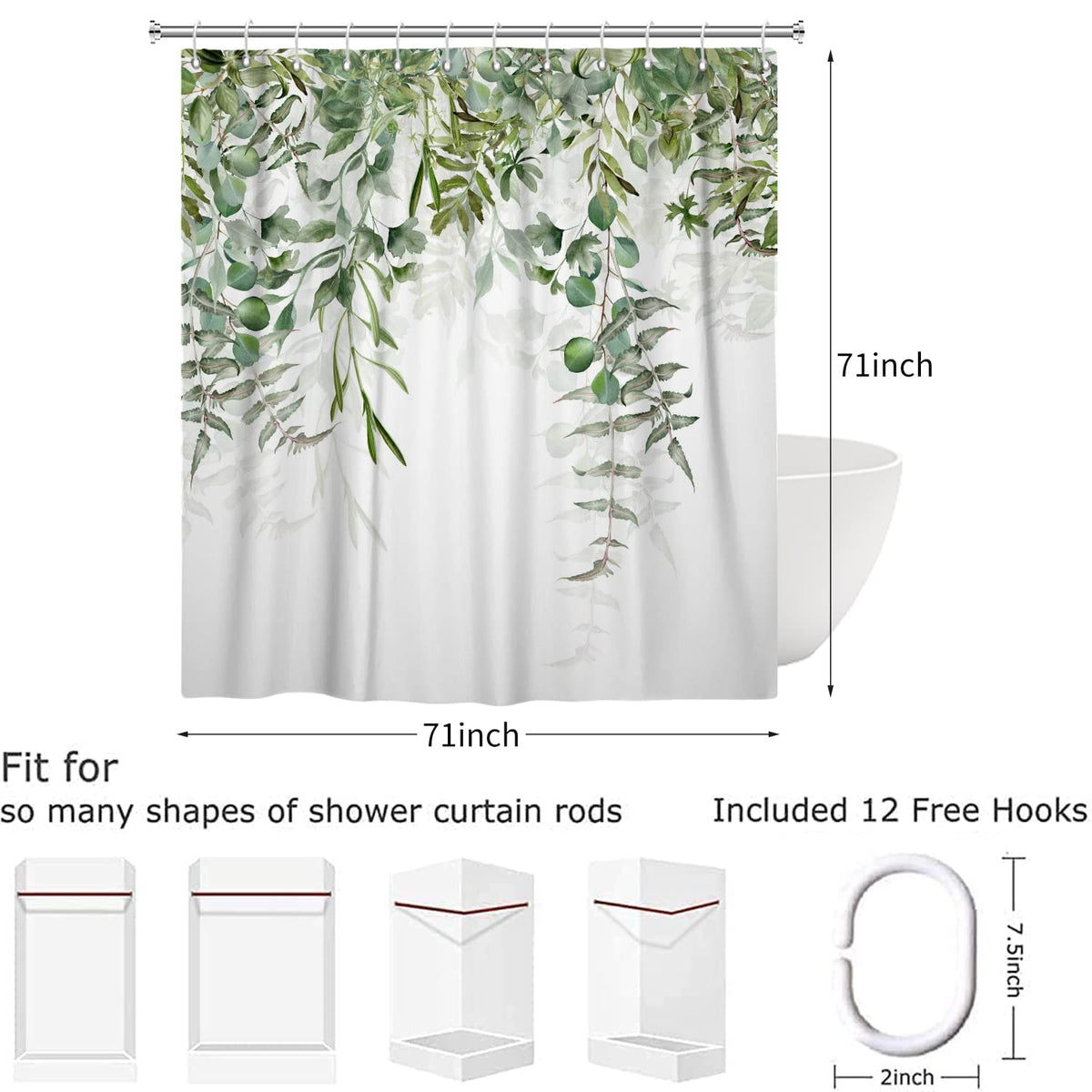 Hnmdmyi Green Leaf Shower Curtain 180x180, Eucalyptus Leaves Shower Curtains Watercolor Plant Botanical Nature Bathroom Curtains with Hooks