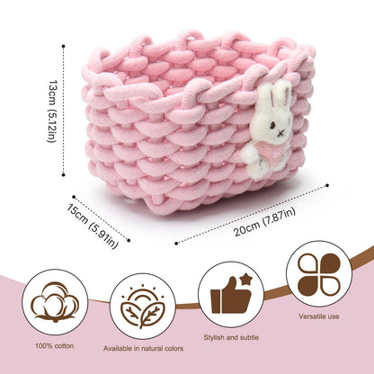Woven Cotton Wicker Storage Basket with Bear Motif, White - Bathroom Organizer for Desk, Makeup Table, Cabinets, Bath, Kitchen (Pink - Rabbit)