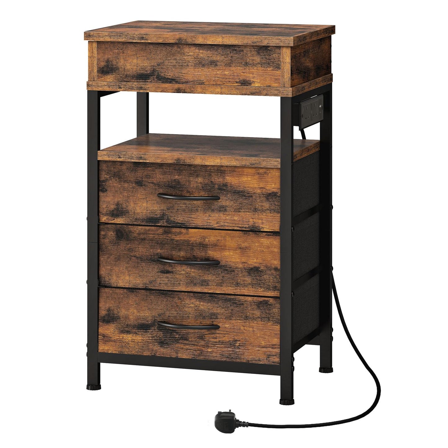 HOOBRO Bedside Table with Charging Station, Side Table with 3 Drawers, 2 AC Outlets, 1 USB-A, 1 Type-C, Nightstand for Bedroom, Living Room, Rustic