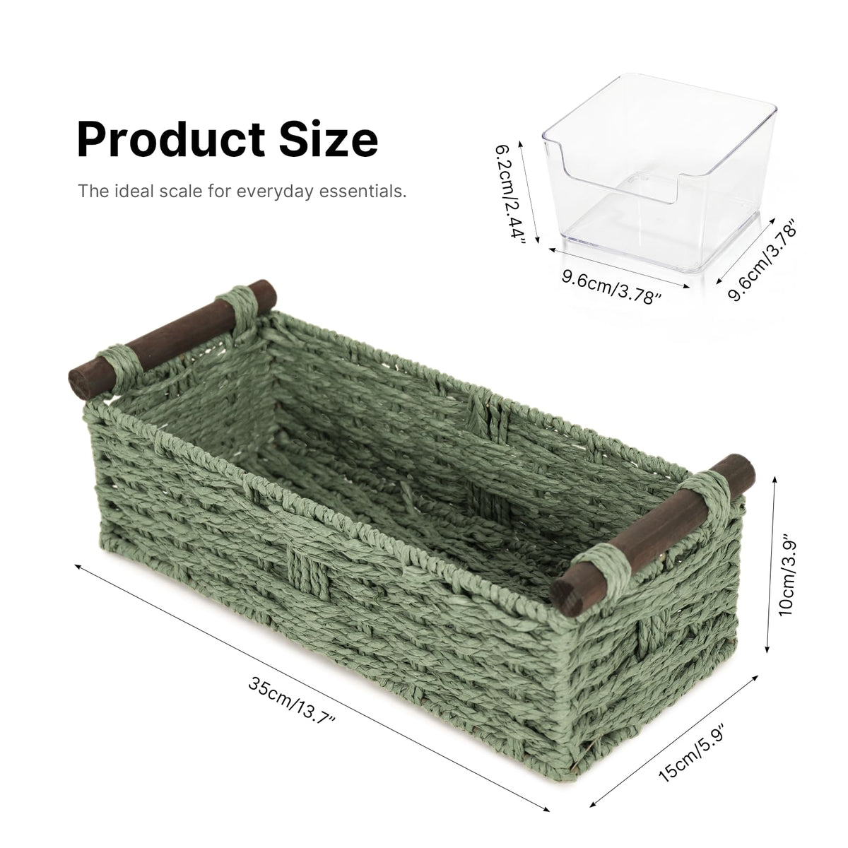 Paper Rope Storage Wicker Baskets for Toilet Tank Top with Wooden Handle Small Decorative Organizer Bin Rectangular Tray for Countertop Shelf Green