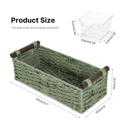 Paper Rope Storage Wicker Baskets for Toilet Tank Top with Wooden Handle Small Decorative Organizer Bin Rectangular Tray for Countertop Shelf Green