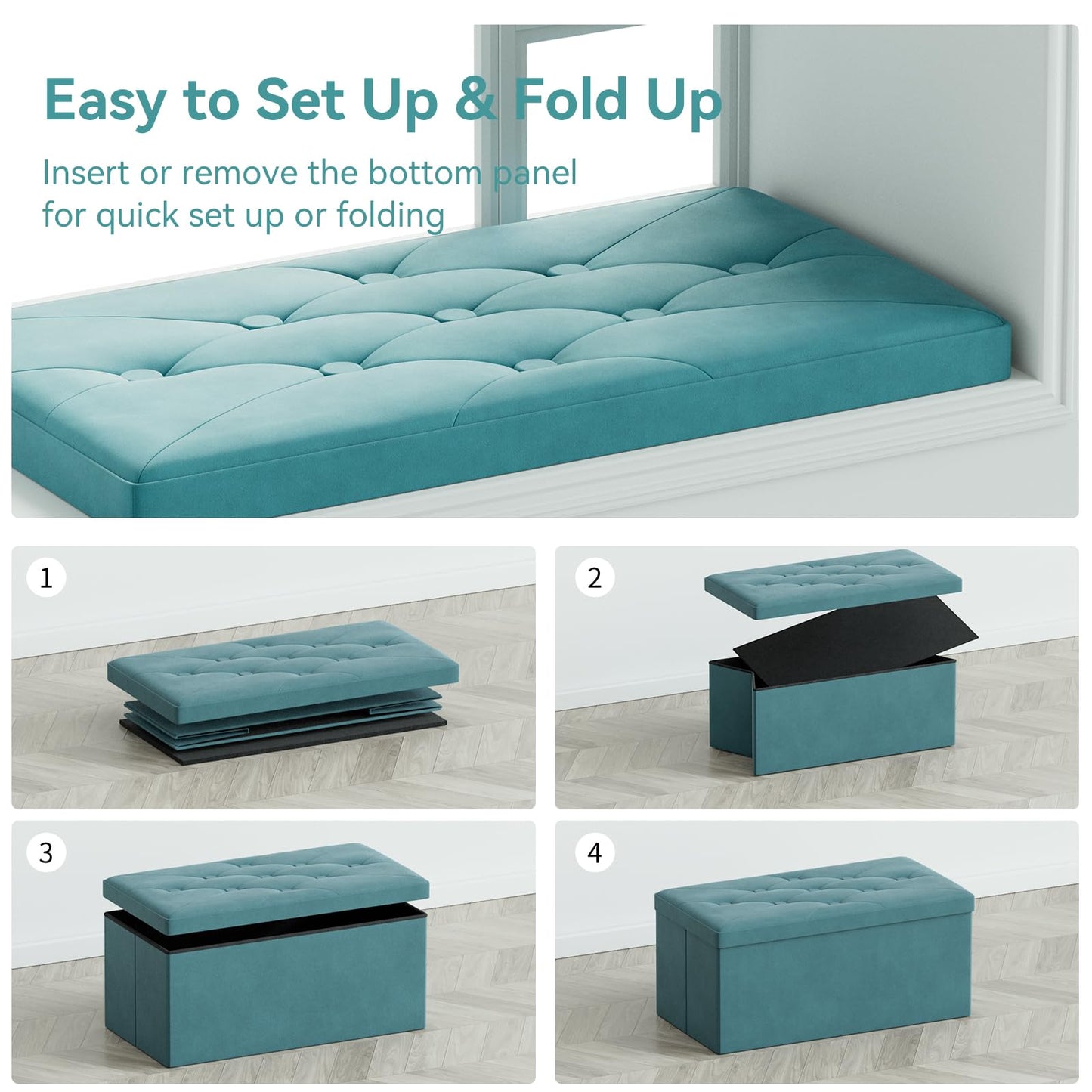 BRIAN & DANY Ottoman Storage Box Velvet Foldable Storage Ottoman Bench with Highly Elastic Sponge Filling for Living Room, 80 x 40 x 40 cm, Teal