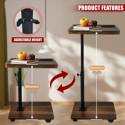 Aegistus C Table End Table Adjustable Height, 360°Swivel TV Tray Table for Small Spaces with 4 Casters(Walnut Brown)